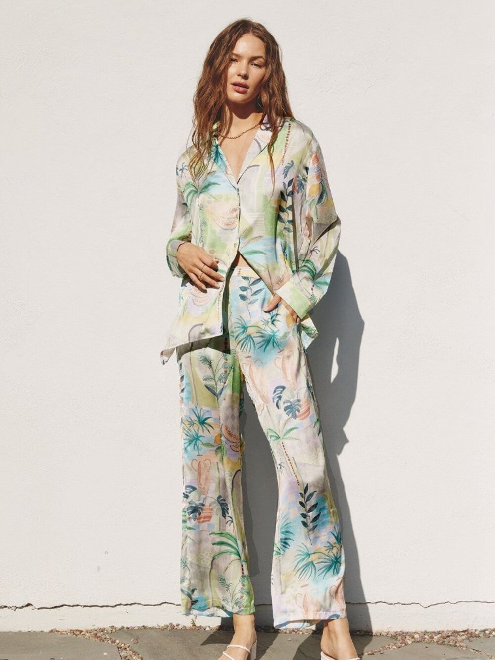 Wren Multicolor Tropical Print Button-Down Satin Fabric Shirt and Pant Set